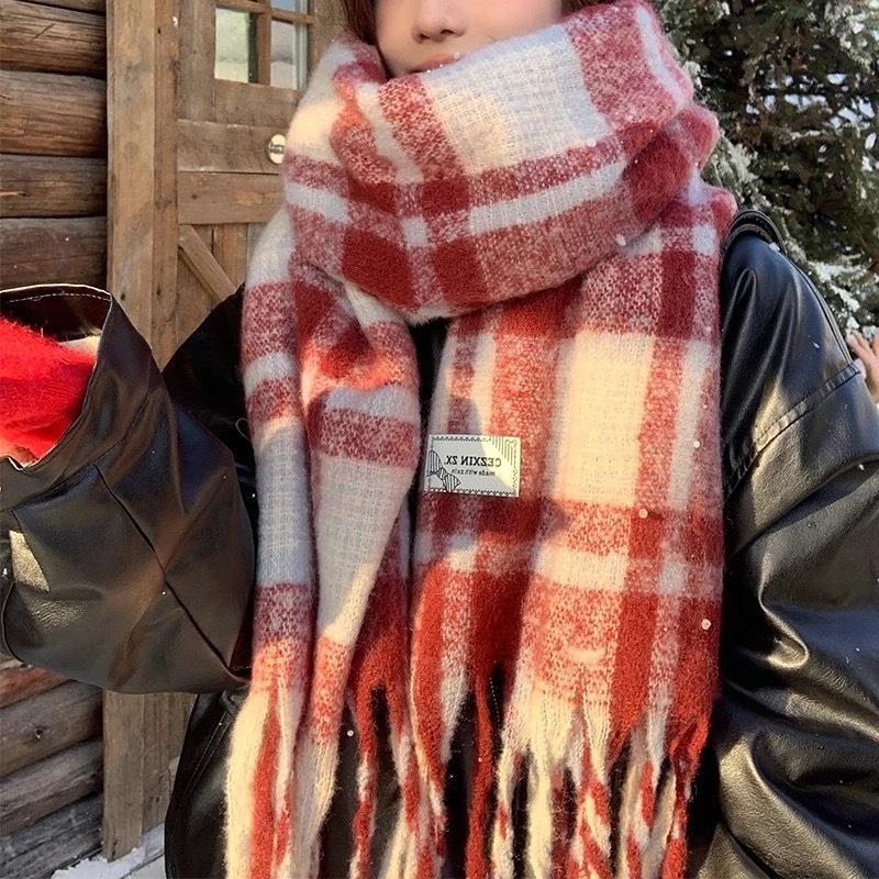 Korean Style Plaid Mohair Scarf - Women's Winter Imitation Cashmere Shawl