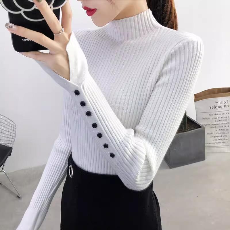 Half High Neck Sweater for Women Autumn and Winter Thick Slim Pullover Sweater Button Slit Sleeve Top Knitted Sweater for Women