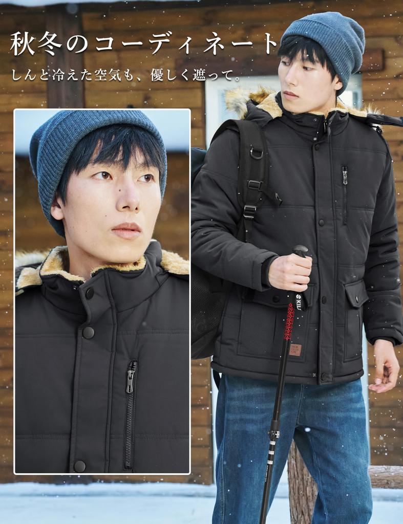 Veste d'hiver matelassée KEFITEVD avec polaire et design pour l'extérieur et le noir Taille M Col de style militaire pour homme, hydrofuge, fermeture éclair Snowboard,