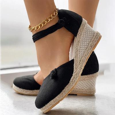 Summer Sandals Women's Braided Espadrille Knot Button Ankle Strap Wedge Sandals Linen Wedge Heel Platform Espadrilles Shoes