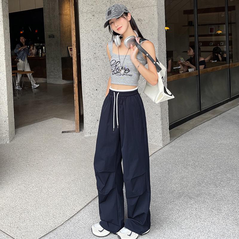 Women s High-Waisted Color Block Embroidered Wide-Leg Pants - Summer Casual Style Large