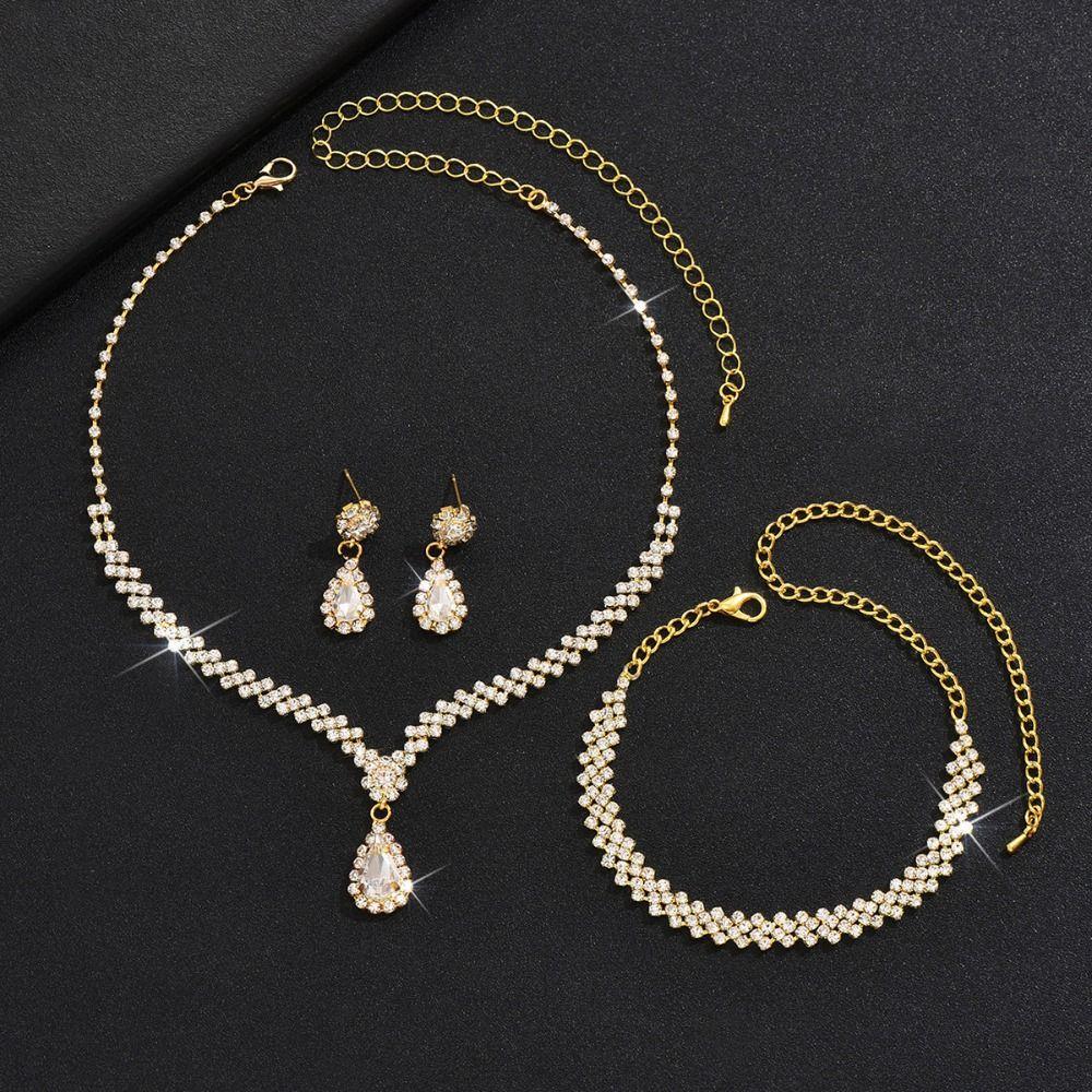 Zircon Necklace Earring Set Luxury Rhinestone Bracelet Trendy Bridal Jewelry Set  Wedding