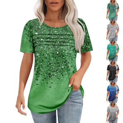Ladies' Fashionable Printed Round Neck Pleated Short Sleeved Shirt