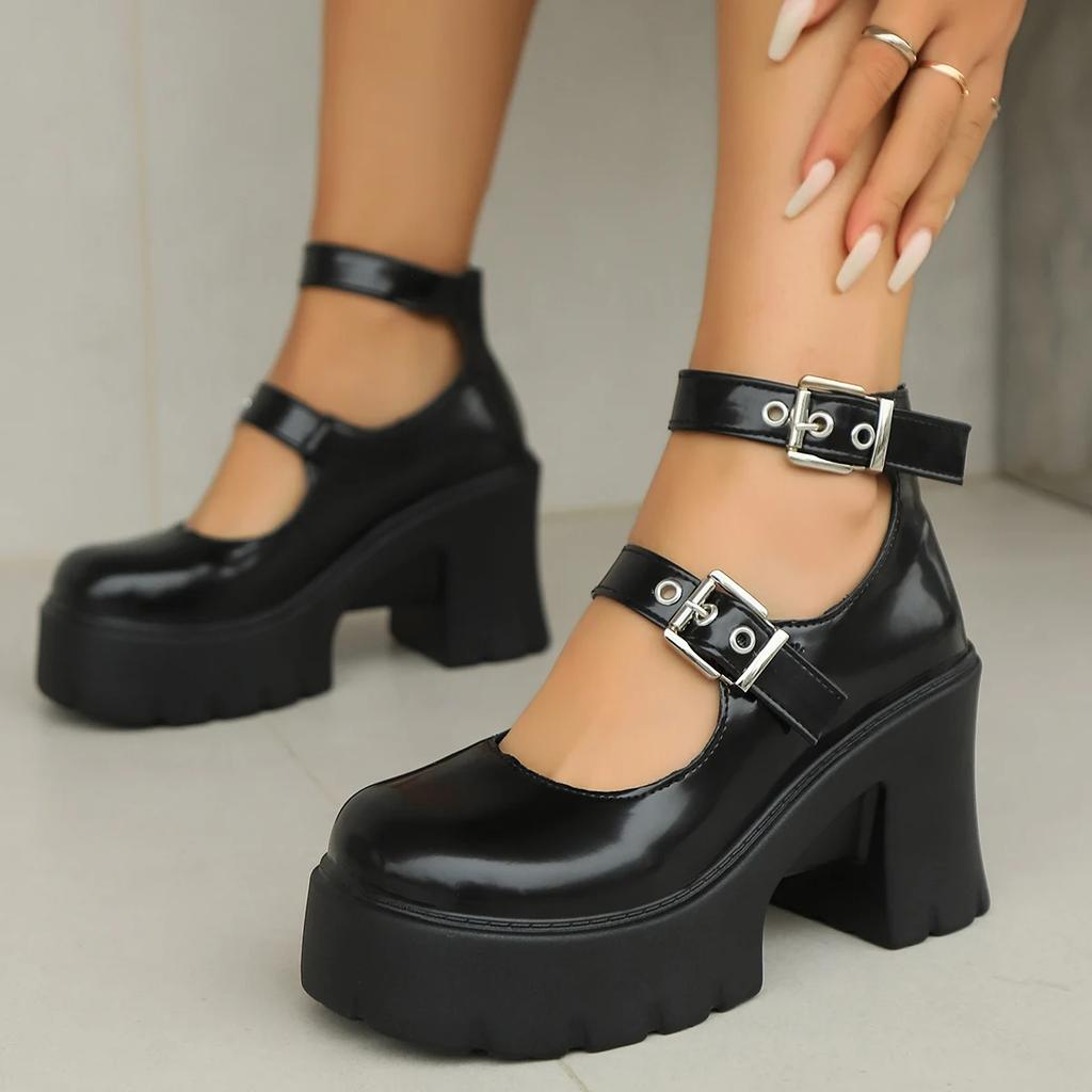 Fashion 2025 Gothic Chunky Platform Pumps for Women Super High Heels Ankle Strap Mary Jane Shoes Patent Leather Thick Heel Pumps Ladies
