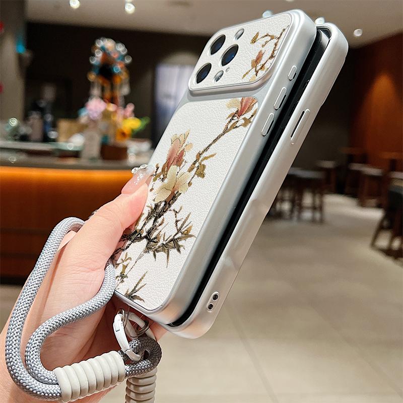 INS Floral Pattern Leather Lanyard Case For iPhone 18 Pro Max Hybrid TPU+PU Anti-skid Soft Cover For iPhone 17 16 15 14 13 Pro Max