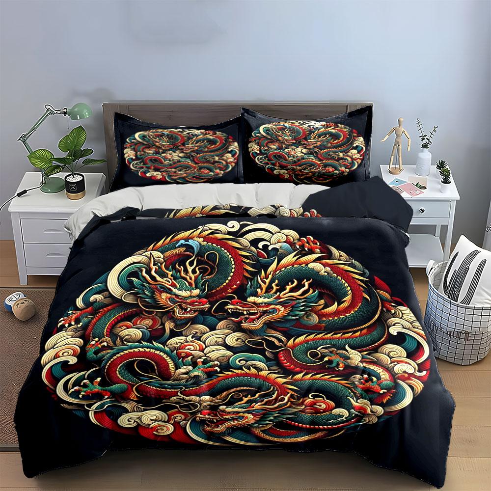 Chinese Dragon Design Set For Decoration Kid'S And Adults' Bedroom Decor, Exquisite Three-Piece Bedding Set Gift