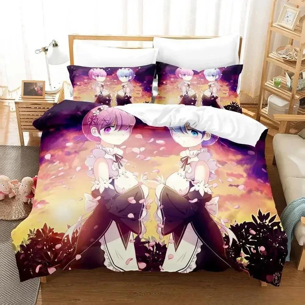 New Re Zero Rem Ram Bedding Set Cartoon Anime Three-piece Set Adult Kid Bedroom Duvet Cover Sets 3D Kawaii Girl Home Textile