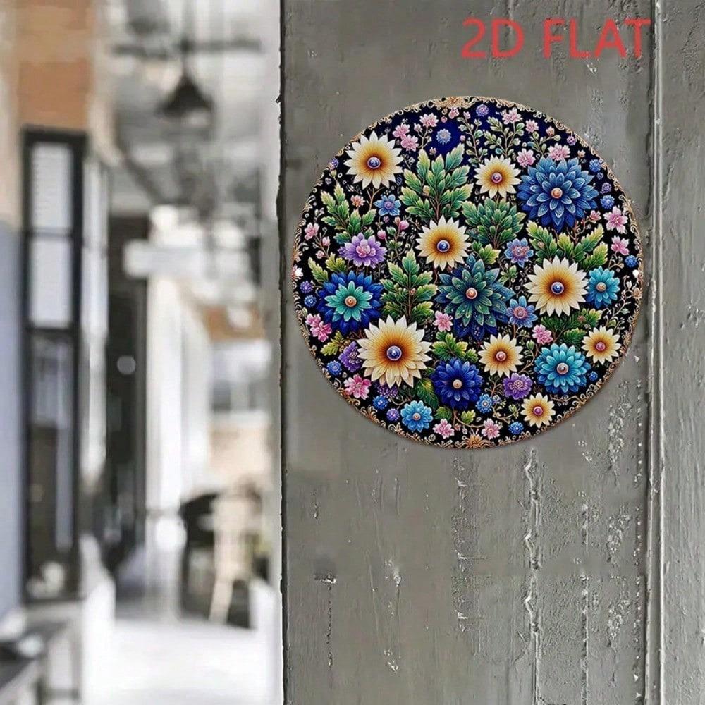 Vintage Round Mandala Metal Wall Art 8 Inch Turquoise Blue Golden Boho Decor Aluminum Sign Home Bar