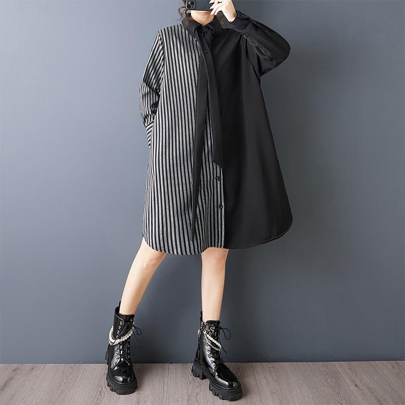 

Spring Loose Fashion Dark Design Stripe Patchwork Solid Color Dress Large One Size