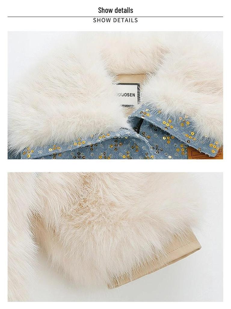 Girls' Fashionable Denim Fleece-lined Jacket - Autumn/Winter 2025 Faux Fur Coat for Children