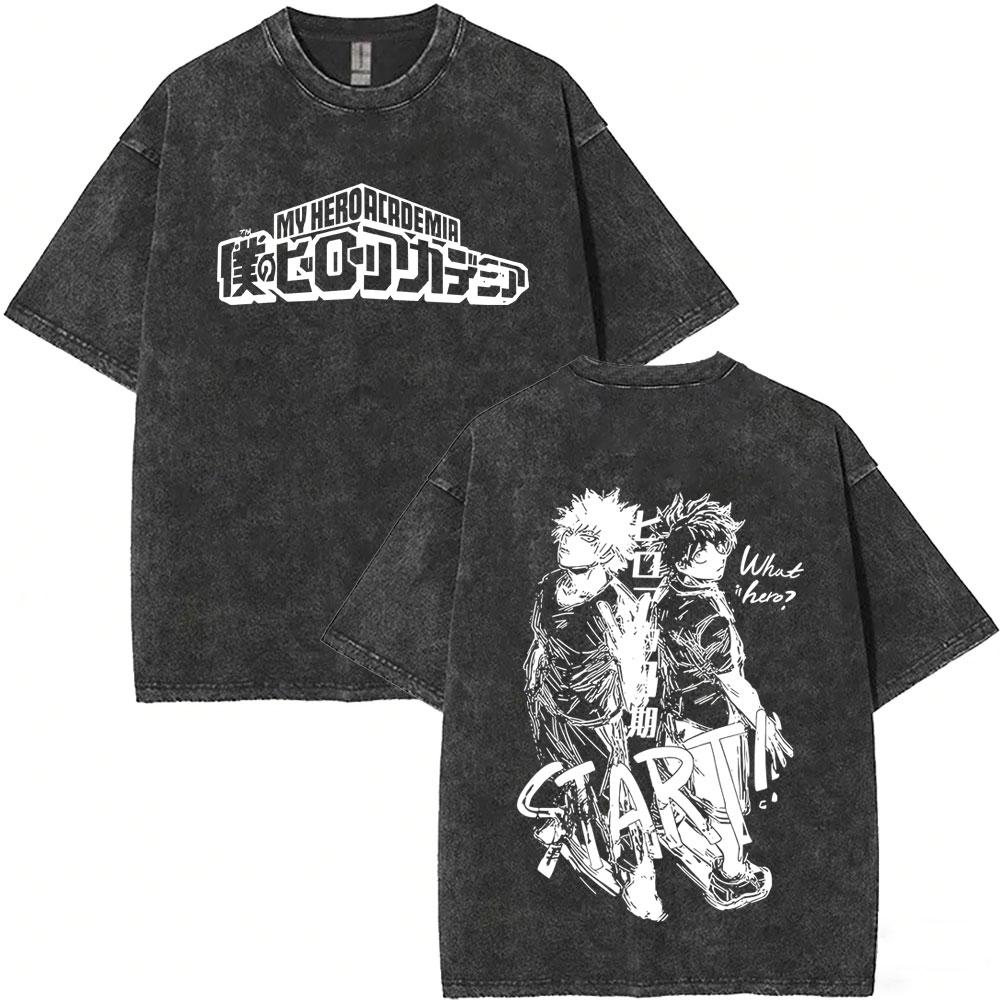 Washed Vintage Anime My Hero Academia Midoriya Izuku and Bakugou Katsuki Merch T Shirt Men Women Casual Retro Oversized Tshirts