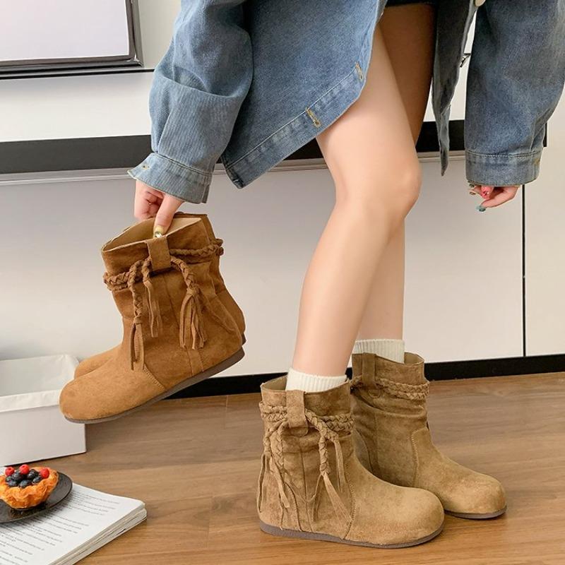 2025 Women's Short Boots Vintage Suede Casual Ankle Botas Women Solid Tassel Flat Bottom Females Shoes Botas Mujer