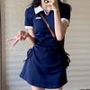 Amerikanisches Retro Colorblock Preppy Polo-Kragen Slim Fit Sommerkleid