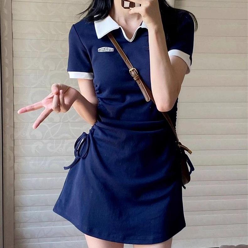 Amerikanisches Retro Colorblock Preppy Polo-Kragen Slim Fit Sommerkleid