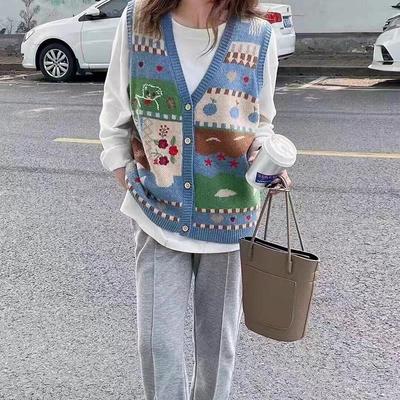 Plus Size Vest Big Size Autumn Women Floral Print Sweaters Knitting V-Neck Fashion Buttons Oversize Basic Casual Style Loose Sweater Coat