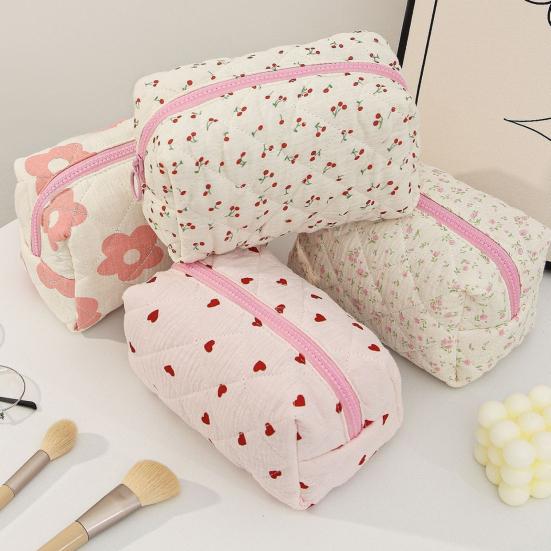 Girls Quilted Cosmetic Bag Makeup Floral Soft Pencil Brush Organizer Case Zippered Cosmetic Pouch for Women