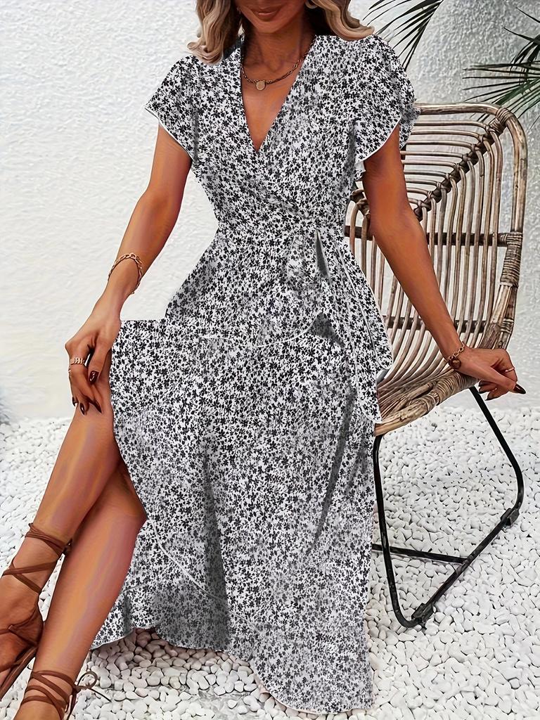 European and American summer floral new vacation short-sleeved temperament waist v-neck wrap dress