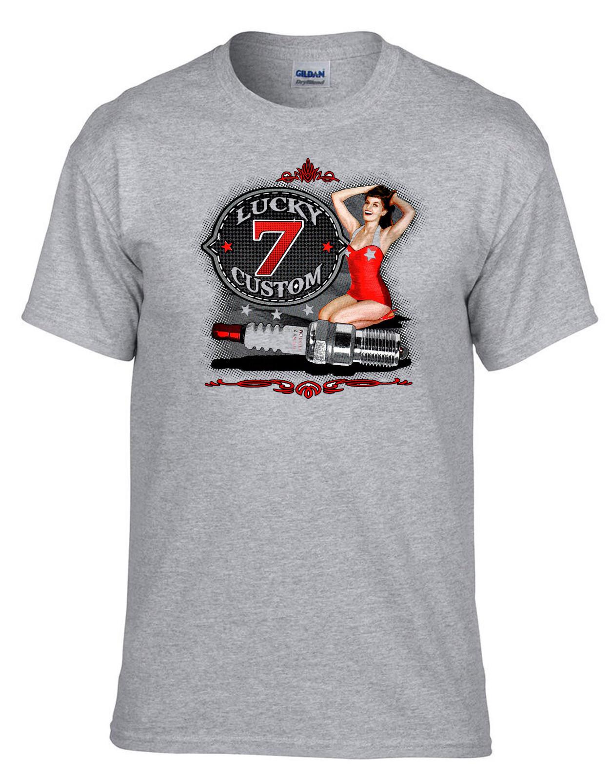 26 Lucky 7 Custom Hot Rod Kustom Rockabilly Pin-Up Grey T-Shirt -297_Grey- Unisex T-Shirt L