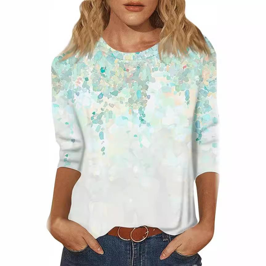 Spring and Autumn Round Neck Butterfly Flower Pattern 3D Printed Top Fashionable Casual Long Sleeved Women's T-shirts