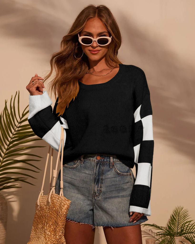 Autumn and Winter New Pullover Crew Neck Sweater Women's European and American Fashion Trends Multi-color Printing Long-sleeved Contrasting Sweater