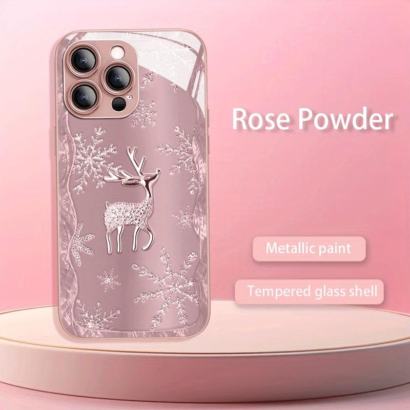 Cute Snowflake Deer Pattern Metallic Paint Glass Hard Phone Case For iPhone 17 Pro Max 11 12 13 14 15 16 Plus 17 Air 16E Cover
