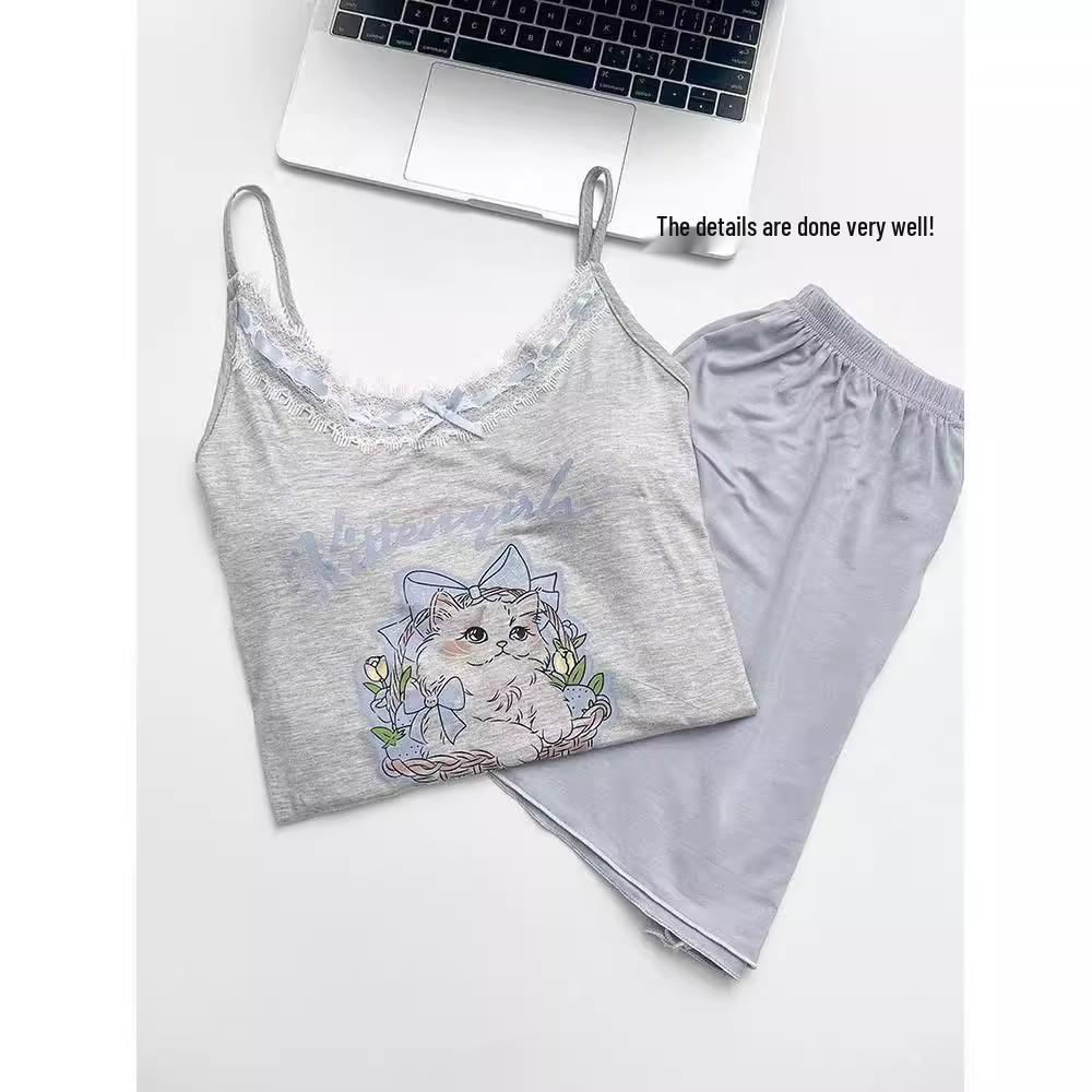 Summer Cat Cartoon Pajama Set: Women s Padded Camisole & Shorts XXL