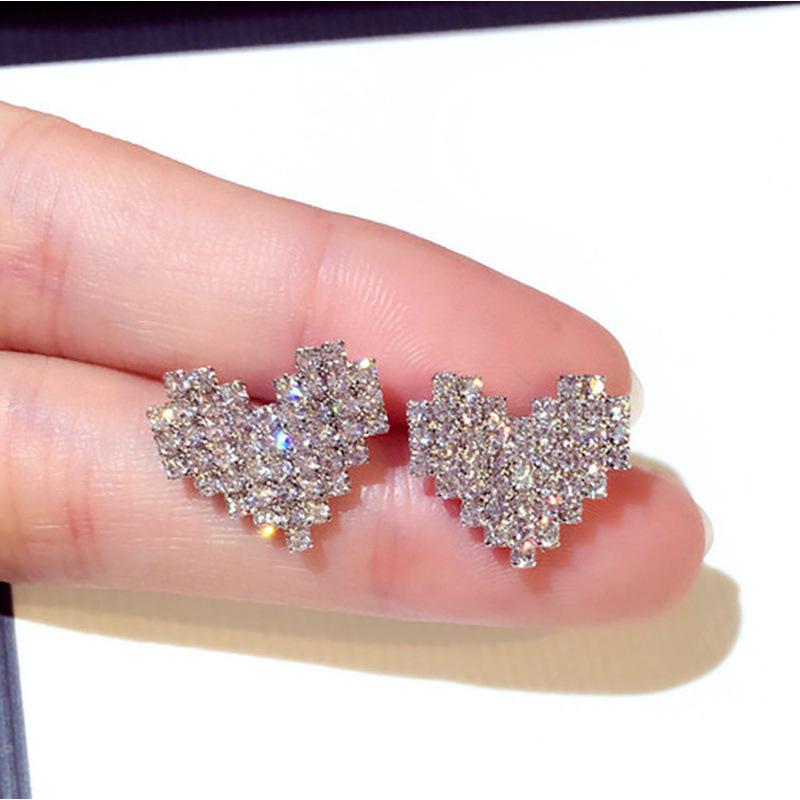 Elegant Korean Rhinestone Heart Stud Earrings - Versatile Vintage Women s Accessories