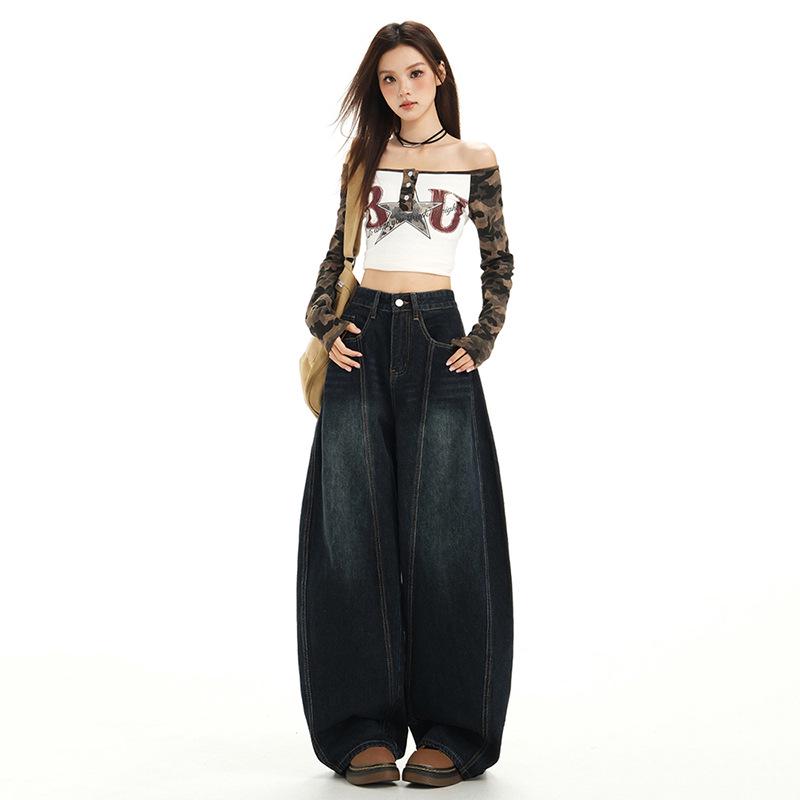 Women's Autumn High-Waisted Scimitar Jeans: Lazy Style Loose Wide-Leg Mop Pants