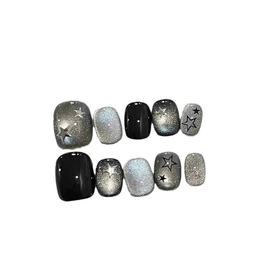 10Pcs Handmade Black Cat Eye Star Press On Nails Short Square Round Sweet Cool Wearable False Nail Art For Women Girls