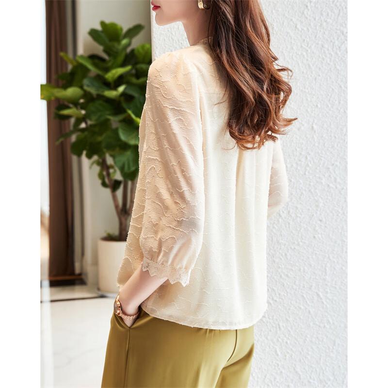 DME French Style V-Neck Seven-Point Sleeve Lace Jacquard Shirt