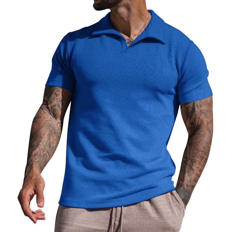 Men's summer lapel T-shirt men's heavy waffle oversize short-sleeved solid color casual V-neck Polo shirt