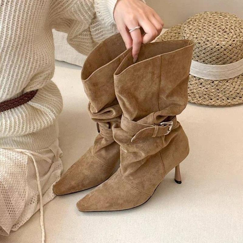 NEW Sexy Thin High Heels Street Style Brown Ankle Boots Women Pleated Buckle Strap Modern Booties Stripper Party Shoes