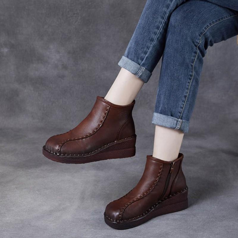 Johnature Retro Soft Soled Wedges Short Boots Genuine Leather Women's Shoes Round Toe Plush Cotton Boots