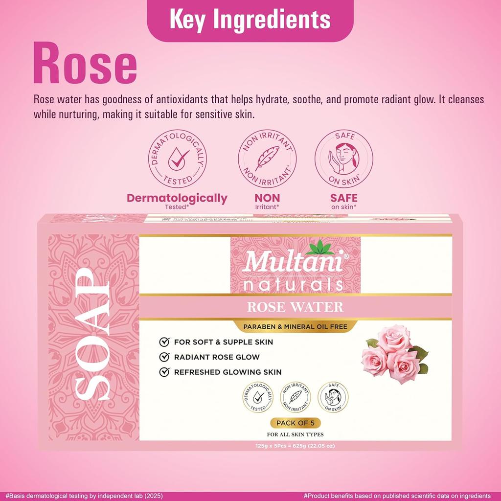 Multani Naturals Rosewater Soap Bar Pack Of 5PCS 125 g Bathing Soap with Rose Water & Glycerin for Soft Glowing Skin