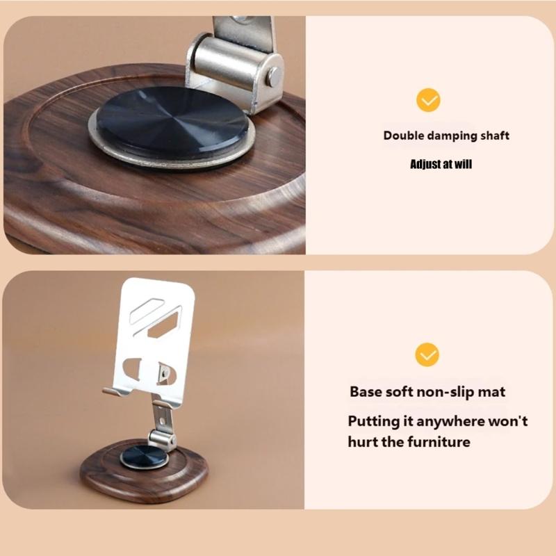 Support de téléphone en métal Support Rotation à 360 degrés Ergonomique Pliable Portable Base en bois de noyer Port de chargement inclus