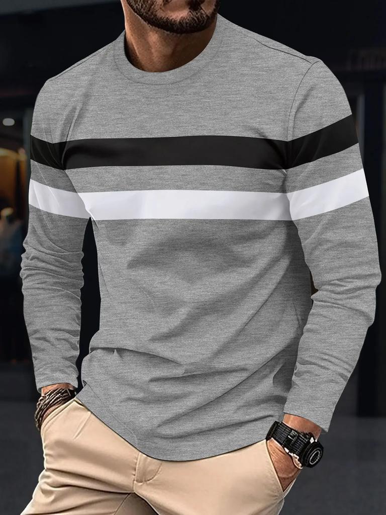 Autumn/Winter Fashion Men's Long Sleeve Round Neck Splicing T-shirt Business Anti Wrinkle Street Wear Casual Top