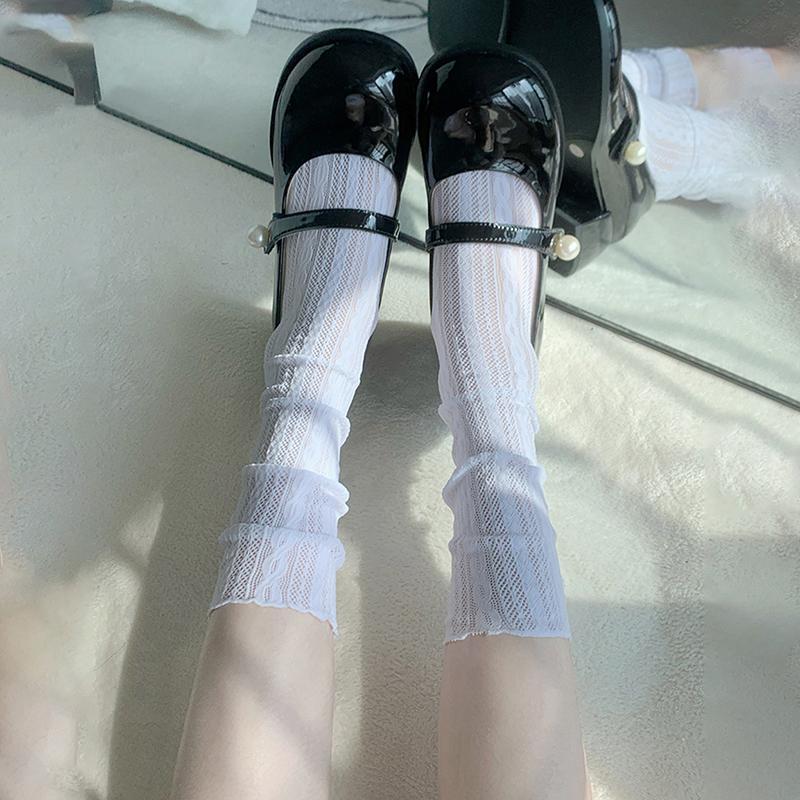 Summer Women Ultra Thin Floral Sexy Transparent Ice Glass Filament Long Tube Korean Lace Medium Tube  Socks Lolita Socks