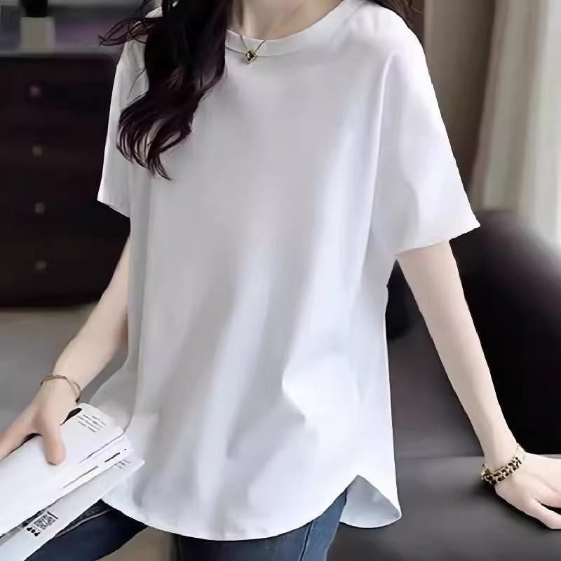 European Style White Printed Cotton Loose Fit T-Shirt for Women - Mid-Length, Over-Hip, Plus Size, Short Sleeve, Summer Trend