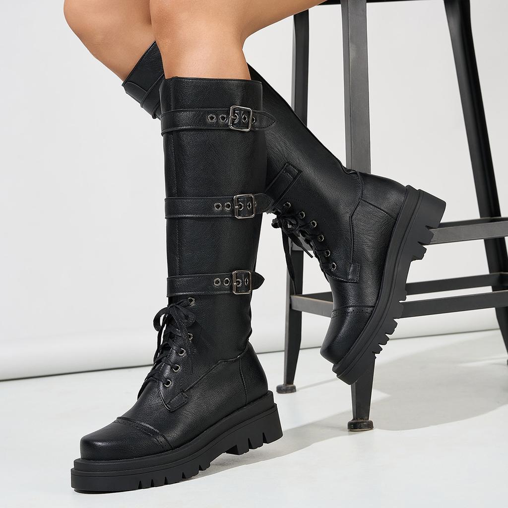 Autumn and Winter Ebay Casual Mid-heel Knight Boots Versatile Belt Buckle High Boots Women