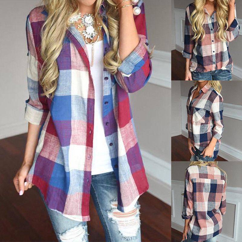 Women Long Sleeve Plaid Linen Shirt With Turndown Collar For Casual Office Wear