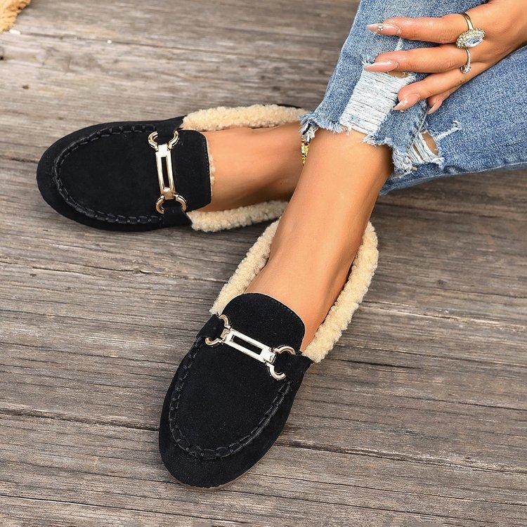 Baumwollschuhe Damen Herbst und Winter flachsohlige Samt warme Oberbekleidung weichsohlige flachsohlige Mützen-Schuhe flauschige kleine Lederschuhe rundto