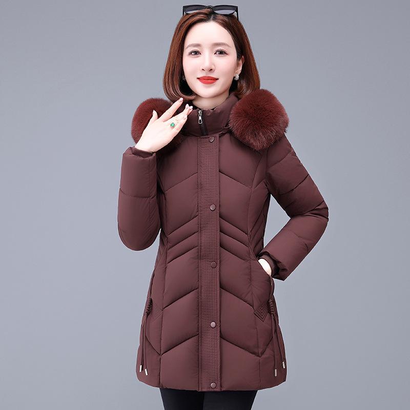 Women's Mid-Length Slimming Down Cotton Jacket with Large Fur Collar - Winter Padded Coat for Mothers & Elderly.