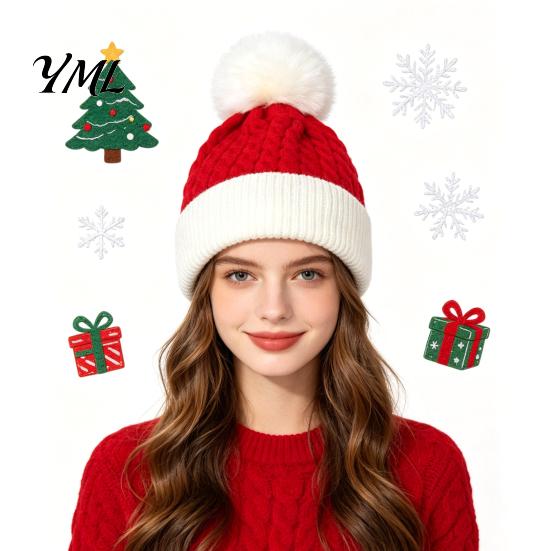 Casual Winter Accessories for Women Christmas Elf Hat, Cozy Knit Hat with Pom Soft Polyester Pom, Stretchy Warm Skull Cap Outdoor Cold Weather Trendy