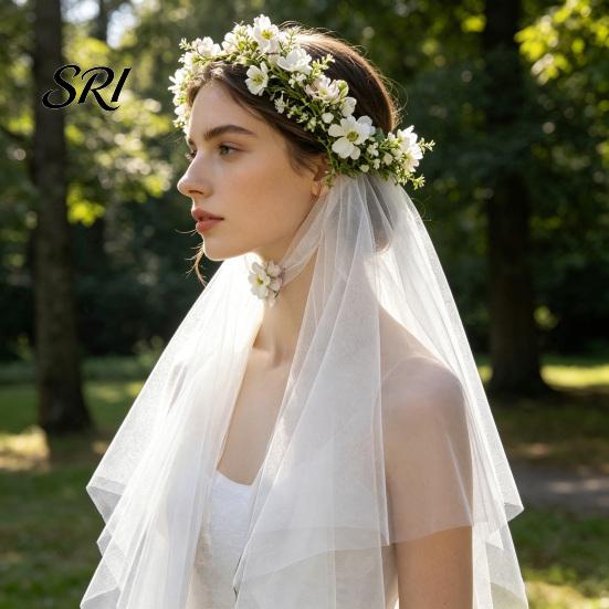 Kids Party Headwear Bridal Veil Lightweight Breathable White Tulle Headband with Bows Flowers Decor Children Versatile Hair Accessory