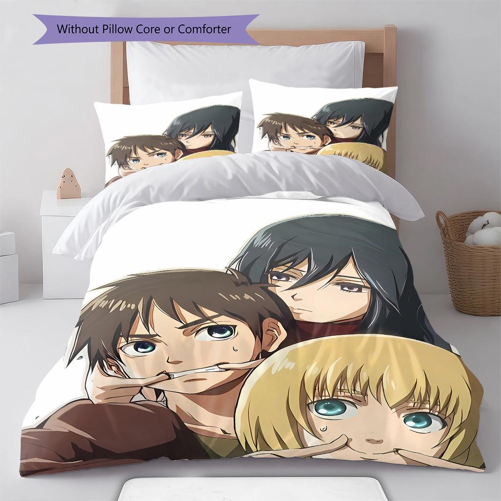 Pościel z motywem Attack on Titan, Zestaw kołdry Poszewka na kołdrę Poszewka na poduszkę Domowy prezent urodzinowy (1 * poszwa na kołdrę + 2 * poszewki na poduszki, bez rdzenia)