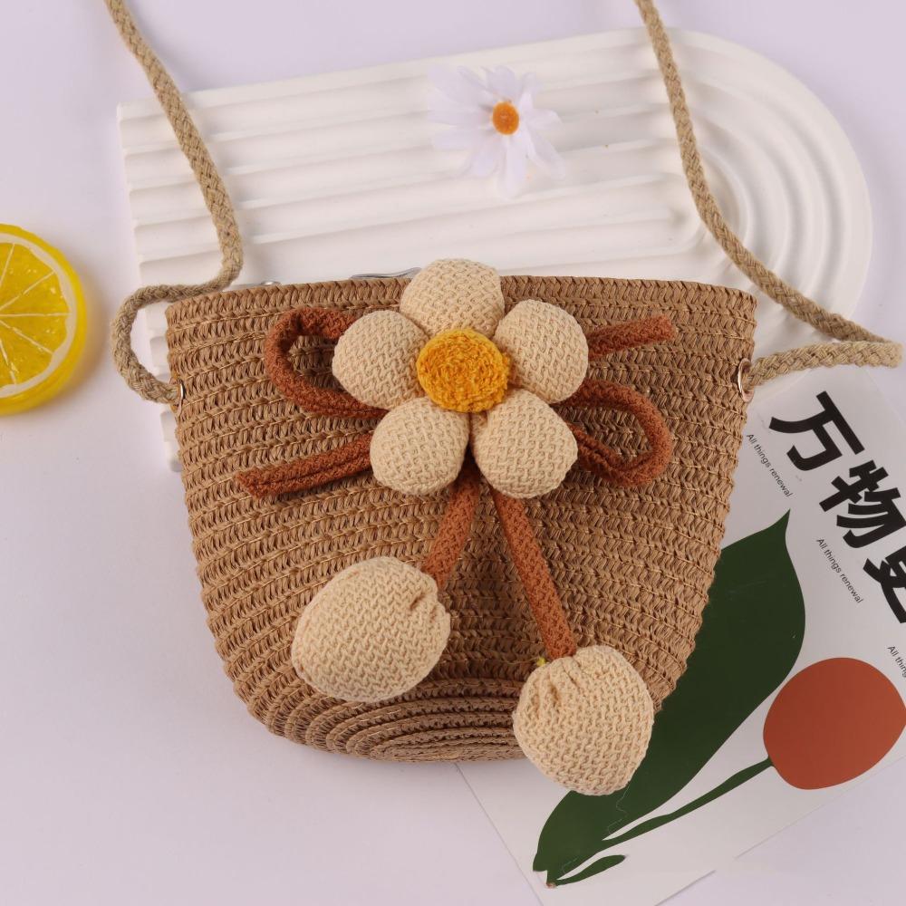 Cute Flower Straw Bag Mini Colorful Summer Beach Shoulder Bag Handmade Zipper Coin Purse