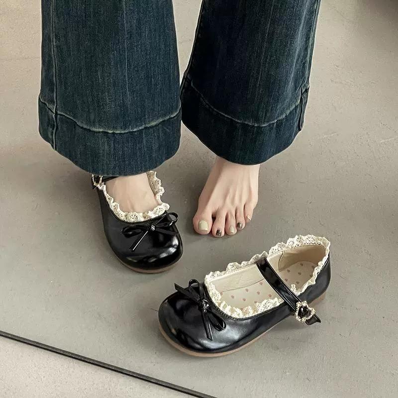 Casual lace bow single shoes women's 2025 summer new Mary Jane small leather shoes flat cute versatile single shoes