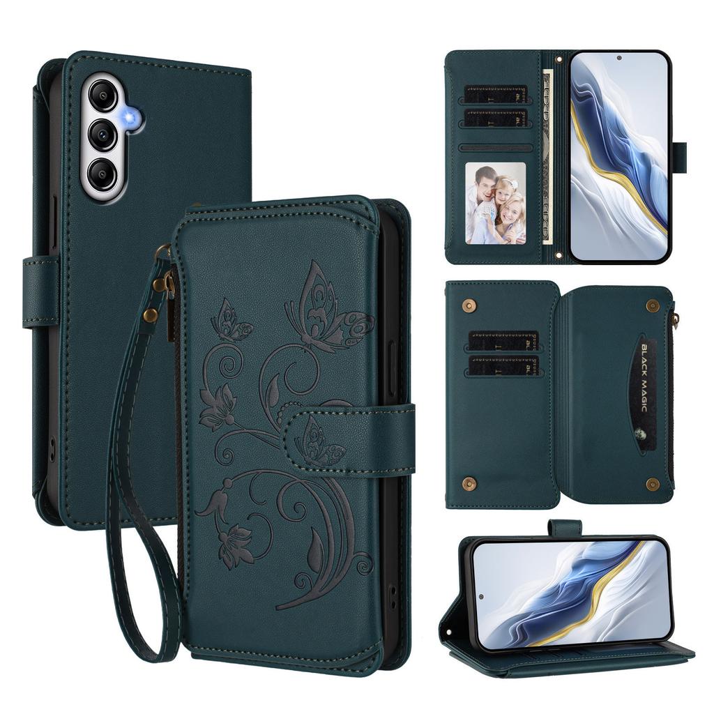 For Samsung Galaxy A56 5G/Galaxy A36 5G Leather Case Butterfly Floral Imprint Zipper Wallet Stand Cover with Wrist Strap