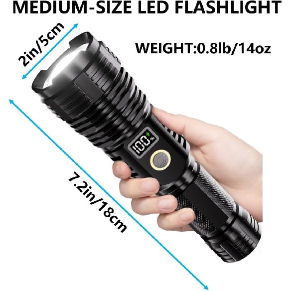 Flashlights High Lumens Rechargeable, LED Super Bright Flash Light Long Beam, Zoomable Linternas with LCD Digital Display, 5 Mode, Waterproof,