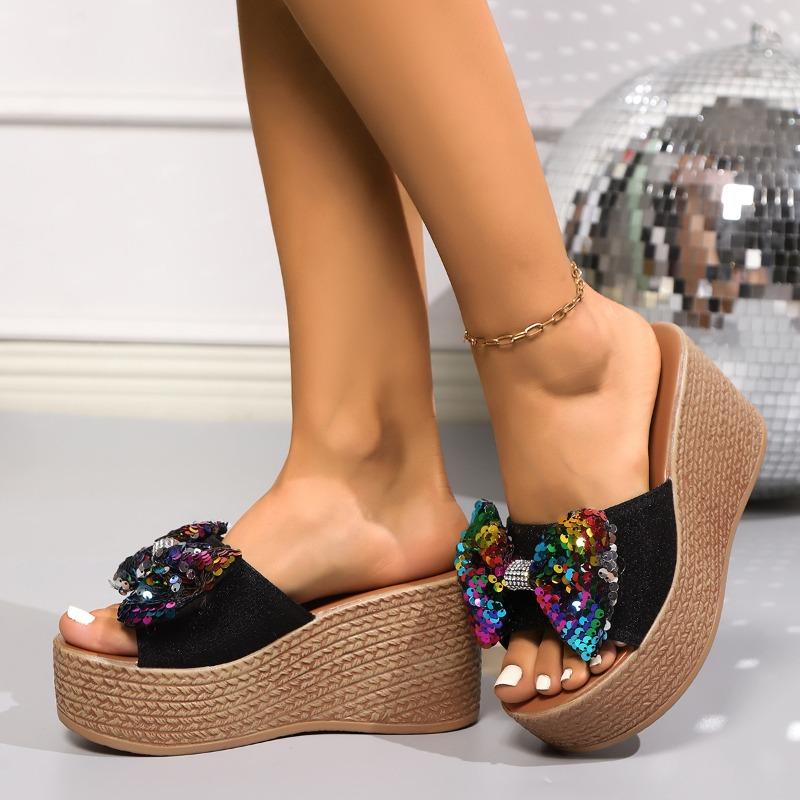 Sequin Bow Platform Sandals for Women 2025 Summer New Arrival Plus Size Thick Sole Strappy Sandals